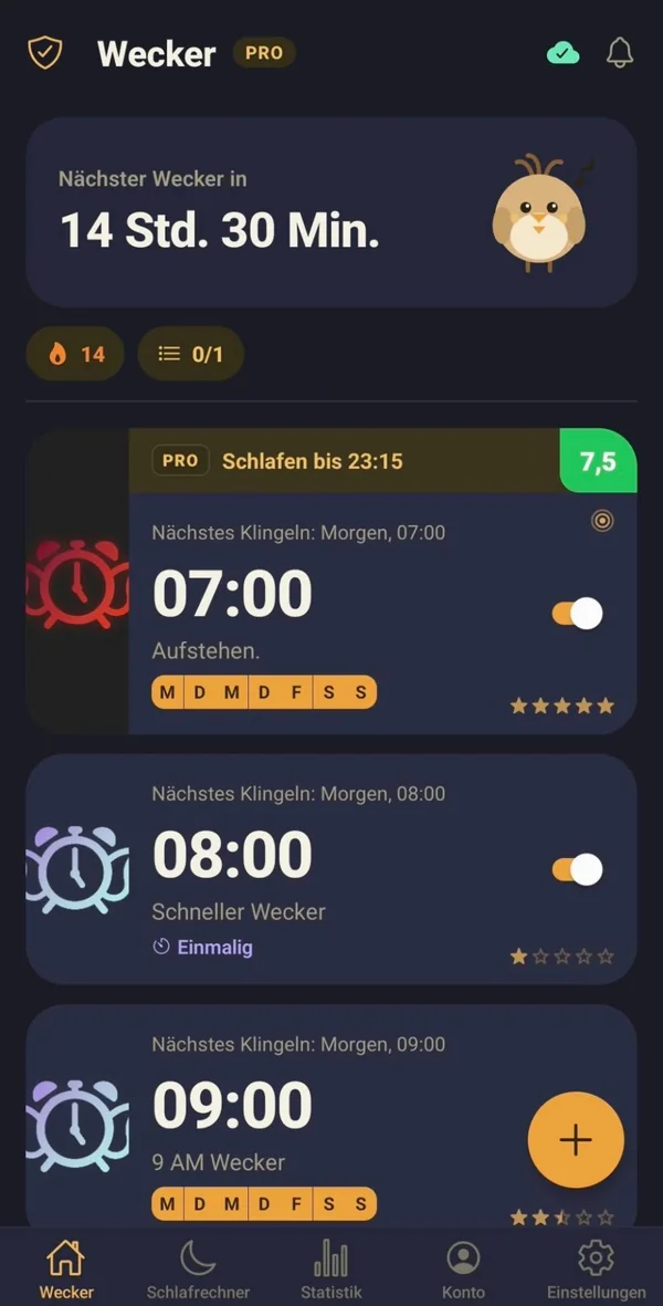 Weckerliste in Larky mit Serie und Zeit bis zum nächsten Wecker