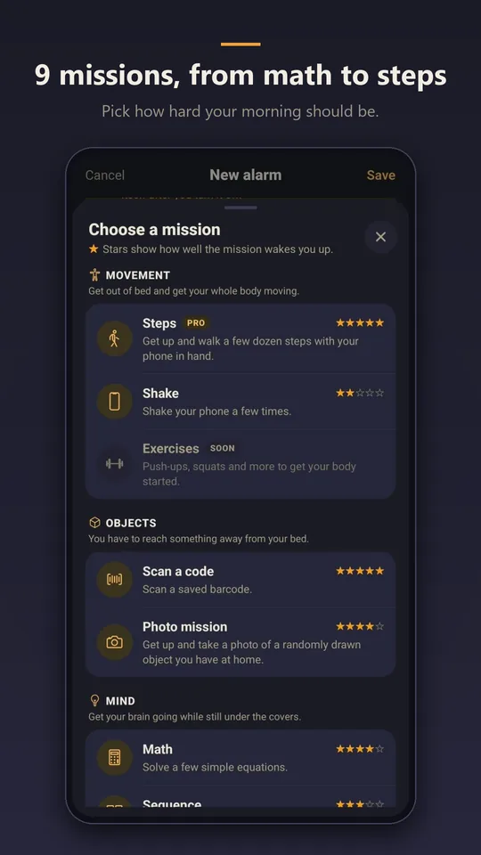Mission picker: 9 missions, from math to steps