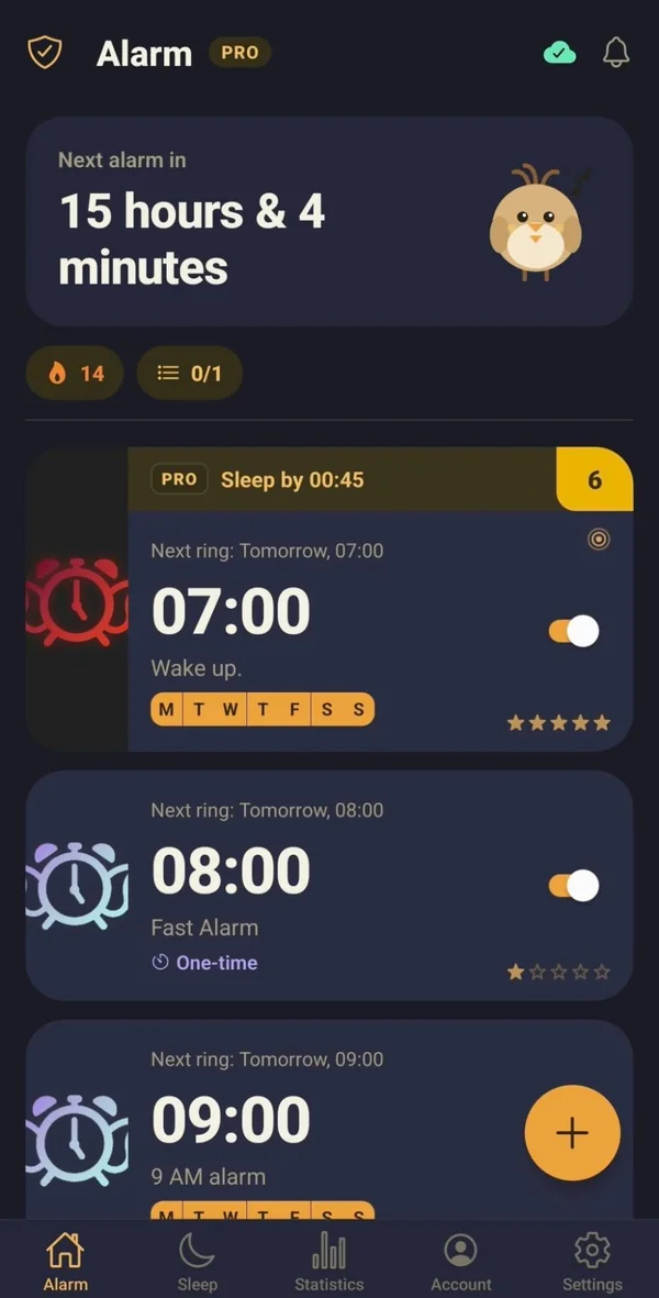 Larky alarm list with the streak and time to the next alarm
