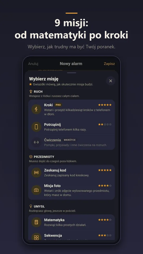 Wybór misji: 9 misji, od matematyki po kroki