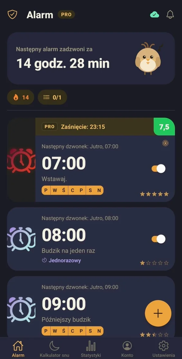 Lista budzików w Larky z serią i czasem do najbliższego alarmu
